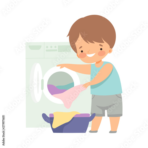 Cute Little Boy Washing Clothes with Washing Machine, Adorable Kid Doing Housework Chores at Home Vector Illustration