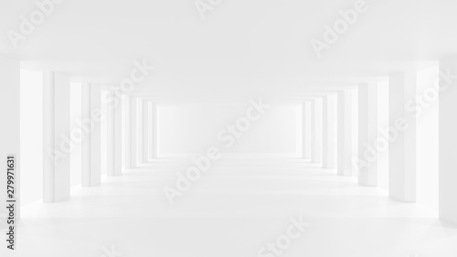 Empty white room corridors with wall lights, 3d rendering.