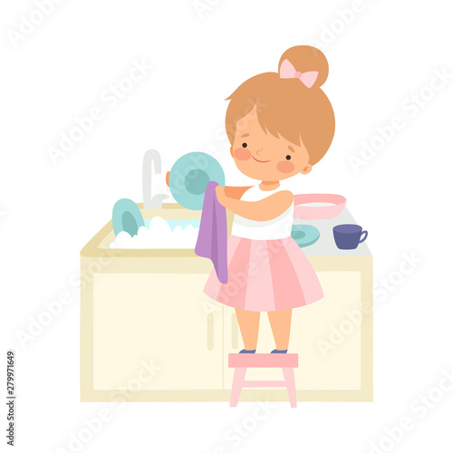 Cute Little Girl Standing on Chair and Washing Dishes, Adorable Kid Doing Housework Chores at Home Vector Illustration