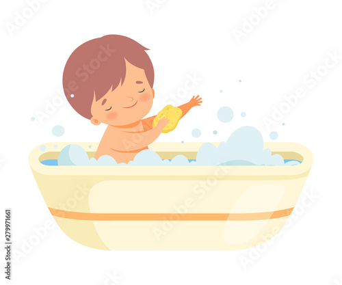 Boy Washing Himself with Sponge in Bathtub Full of Foam, Adorable Little Kid in Bathroom, Daily Hygiene Vector Illustration