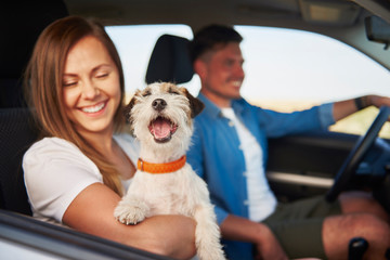 Young couple and their dog traveling together