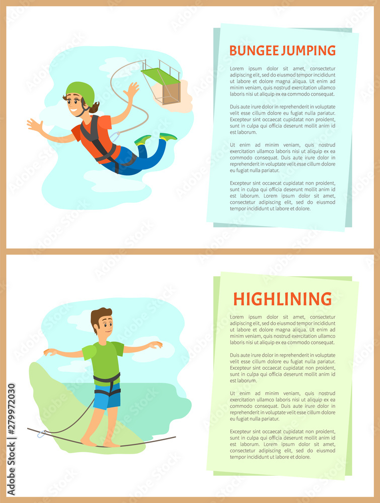 People with hobbies vector, bungee jumping woman and highlining man with stretched hands, balancing person male and flying girl female in uniform People with hobbies vector, bungee jumping woman and highlining man with stretched hands, balancing person male and flying girl female in uniform