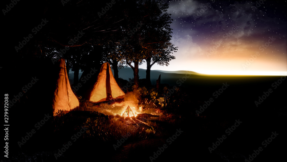 Campfire scene in the wilderness - obrazy, fototapety, plakaty 