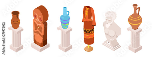 Isometric vector ancient museum exhibits, clothes and totems collection. Illustration of ancient museum sculpture, exposure statue