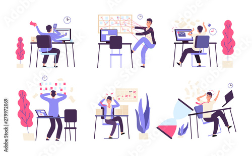 People unorganized. Men fail scheduled task efficiency productivity time management vector concept. Illustration of failure productivity, office businessman fail