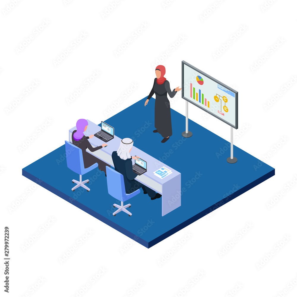 Arab business woman presenting a business project. Isometric male and female Saudi people vector concept. Arab presentation in office, businesswoman teach people illustration Arab business woman presenting a business project. Isometric male and female Saudi people vector concept. Arab presentation in office, businesswoman teach people illustration