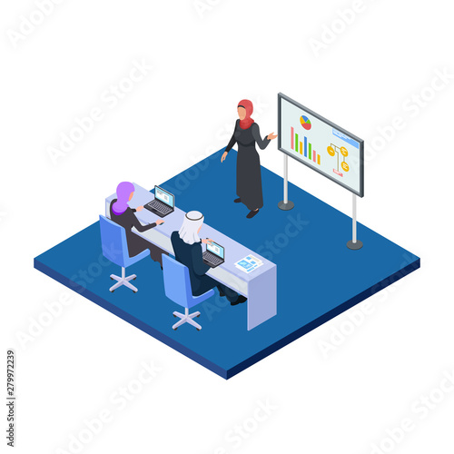 Arab business woman presenting a business project. Isometric male and female Saudi people vector concept. Arab presentation in office, businesswoman teach people illustration