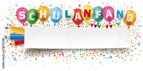 Schulanfang Papier Banner mit Luftballons und Buntstiften