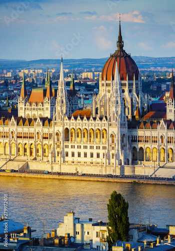 Budapest parliament at sunset lighting