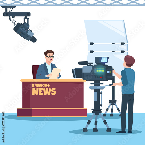 Breaking news tv show studio. Anchorman, cameraman, spotlights and camera vector illustration. Tv studio show, television reportage, correspondent and journalism