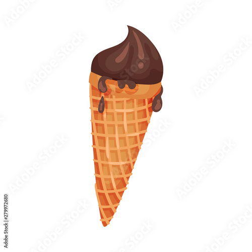 Chocolate ice cream in a waffle cone. Vector illustration on white background.