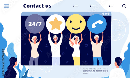 Customer support landing. Call center customers retention professionals help client, digital shop sales. App vector concept. Illustration of support call service center, customer help online