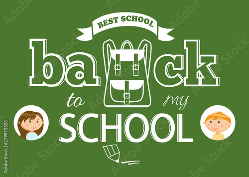 Back to school vector, kids in frames boy and girl. Students looking aside, satchel and pencil colorless sketch outline. Pupils classmates at lesson. Back to school lettering