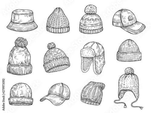 Doodle caps. Knitted winter hats, hand drawn warm cap vector isolated collection. Hat for winter, cap warm drawn illustration