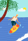 Beach activities, man on surfboard in blue sea with palm tree. Vector surfer on board, ocean water splashes. Summer fun, windsurfing sport recreation