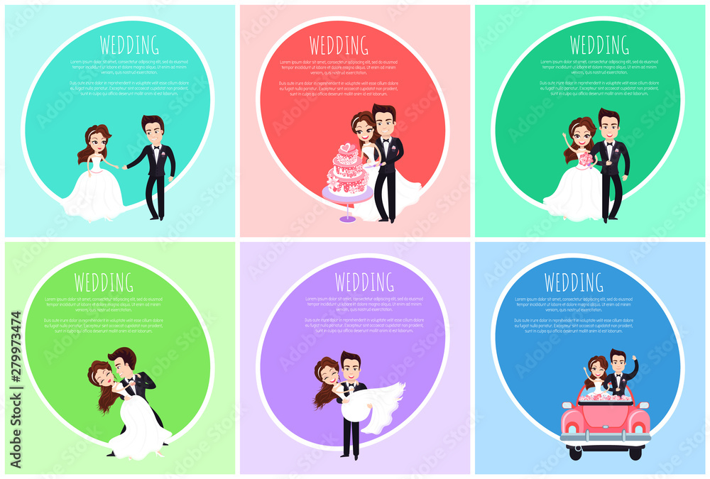 Wedding set postcard decorated by newlyweds standing together, cutting holiday cake, dancing and going in retro car, romantic invitation, ceremony vector Wedding set postcard decorated by newlyweds standing together, cutting holiday cake, dancing and going in retro car, romantic invitation, ceremony vector