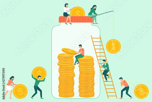 People character saving coins in jar, attraction and accumulation of capital. Man and woman catching dollars, stairs and thrift-box decoration vector. Invest money