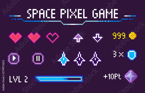 Space pixel game vector, isolated set of hearts symbolizing life and health, icons of navigation, pause and play, level and experience, gaming points, pixelated cosmic object for mobile app games