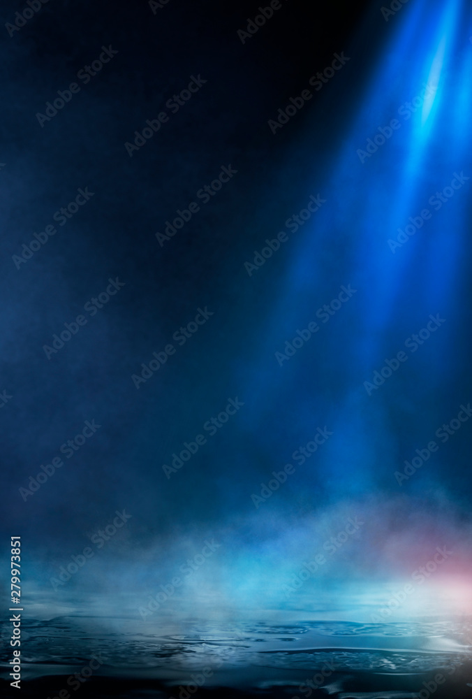 Empty street scene background with abstract spotlights light. Night view of street light reflected on water. Rays through the fog. Smoke, fog, wet asphalt with reflection of lights. Empty street scene background with abstract spotlights light. Night view of street light reflected on water. Rays through the fog. Smoke, fog, wet asphalt with reflection of lights.