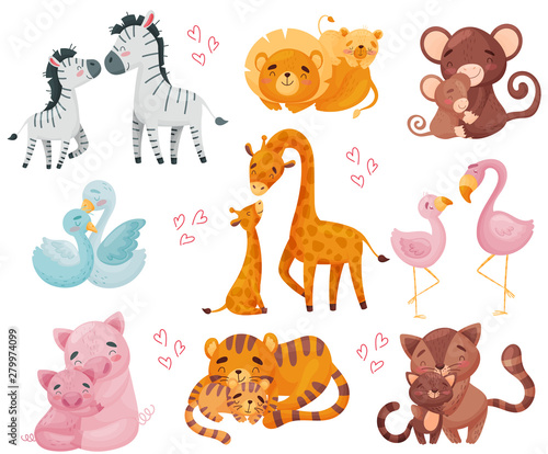 Collection of pairs of animals. Mom and baby. Vector illustration on white background.