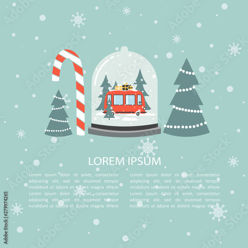 Colorful background with snow globe and place for text. Red bus with gifts, fir trees. Decorative cute backdrop vector. Hand drawn poster design. Happy New Year, festal greeting card. Winter time