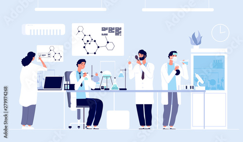 Scientists in lab. People in white coat, chemical researchers with laboratory equipment. Drug development cartoon vector concept. Illustration of scientist in laboratory, science experiment in lab