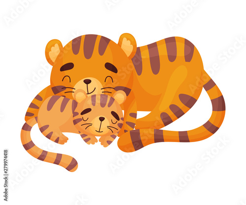 Tigress with tiger cub. Vector illustration on white background.