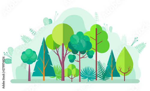 Fotografia Green forest with tree and bushes, firs and birches, pines and oaks on blurred background of green plants