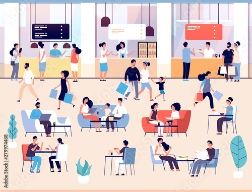 People in restaurant. Men and women eating meal in cafe buffet. Families having lunch in food court interior vector concept. Illustration of cafe and restaurant in shopping mall