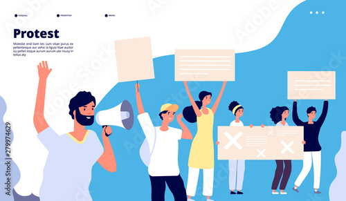 Protest landing. Human rights, people with placards, protesting activists with loudspeakers. Working strike vector web page. Illustration of web page, activist with placard, right protesting