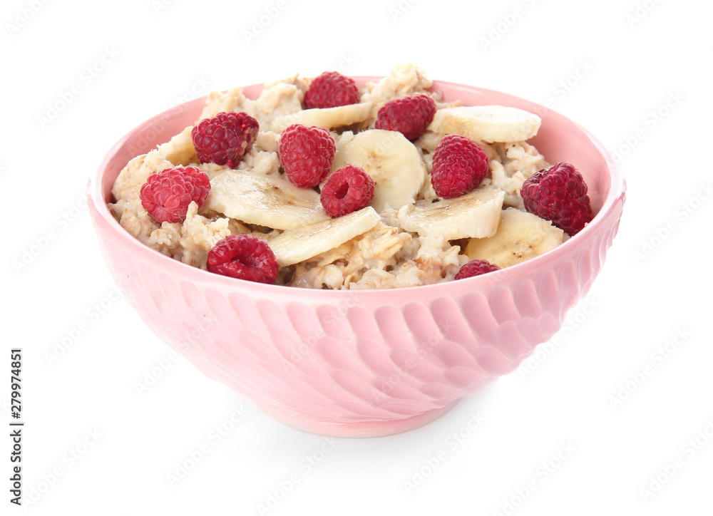 Bowl with tasty sweet oatmeal on white background Bowl with tasty sweet oatmeal on white background