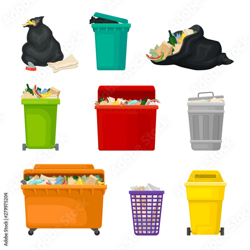 Set of images of garbage in the tanks. Vector illustration on white background.