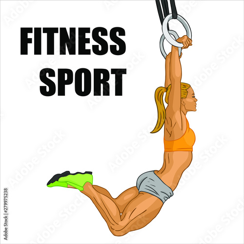 Crossfit woman on gymnastic rings. Vector Illustration.
