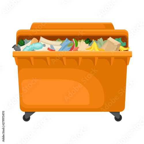 Large orange tank on wheels with a lid filled with garbage to the brim. Vector illustration on white background.