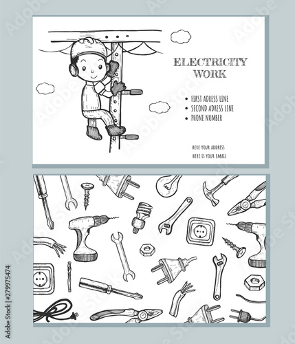 electrician at work. Business card. Vector graphics. Hand drawing. Eps