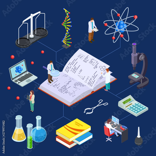 Science laboratory isometric. Vector chemical equipment for experimental lab and scientists. Illustration of lab research experiment, chemical laboratory