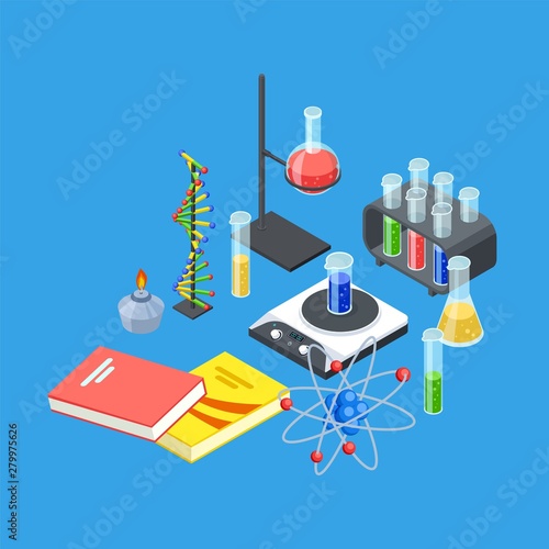 Isometric chemistry equipment. Vector test tubes and beakers, atom and dna model. Illustration of chemistry research laboratory, science isometric experiment