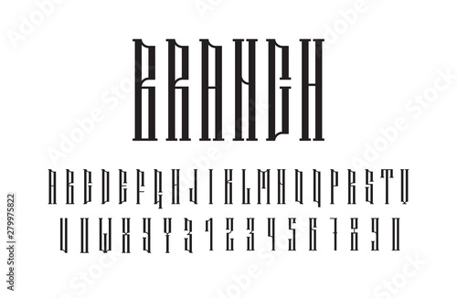 Ethnic vector serif font. Authentic slavic stylized alphabet bold symbols. Decorative isolated uppercase black letters and numbers on white background. Creative minimal latin typeset