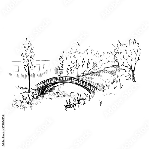 Landscape with a bridge. Hand-drawn sketch style vector illustration. Isolated on white background. 