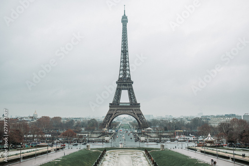 Eiffel Tower on a rainy day.