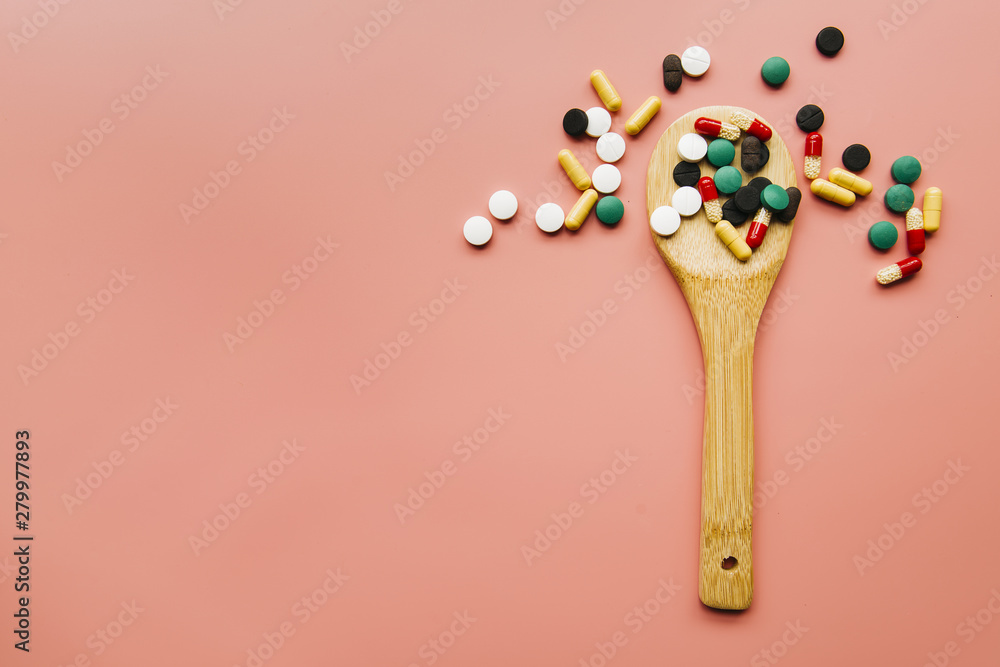 Top view pills with spoon Top view pills with spoon