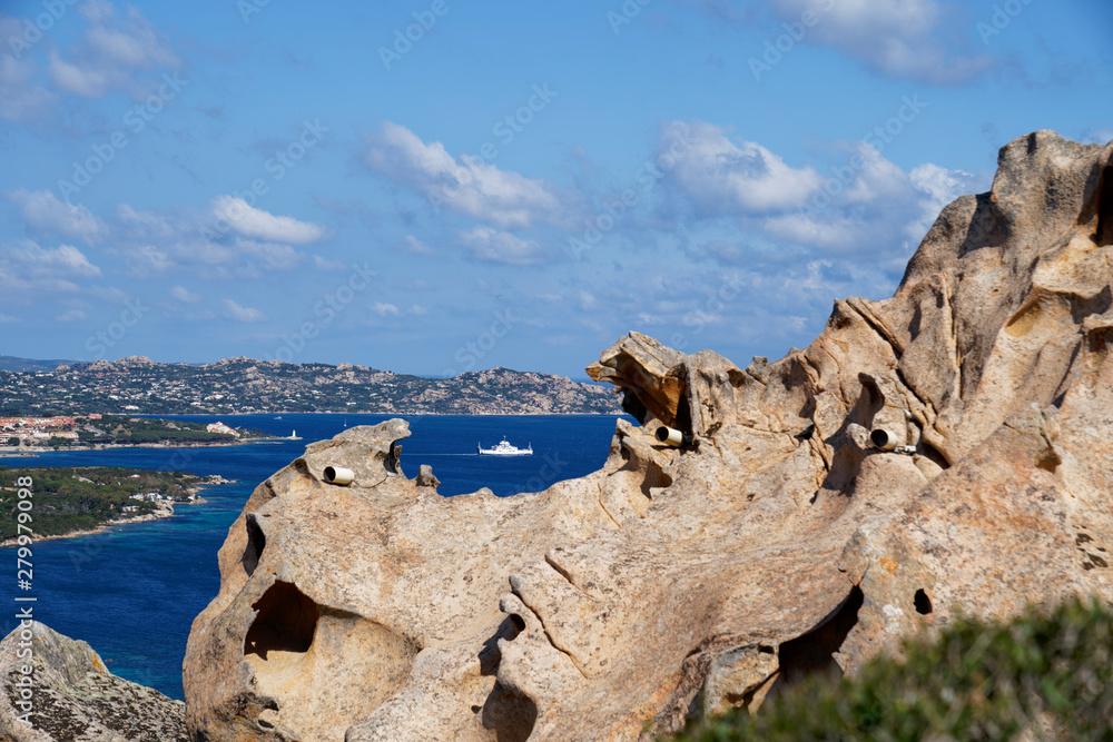 View at Palau with two ships from the Rock of the Bear (Bärenfels) at Capo d'Orso, Palau, Olbia-Tempio, Sardinia Italy