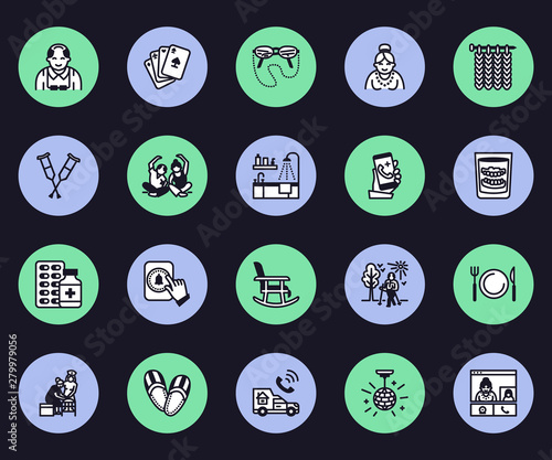 Elderly care vector flat line icons. Nursing home - old people activity, wheelchair, health check, hospital call button, grandfather, grandmather, doctor, senior assisted living