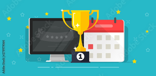 Winner success award cup with first place near computer and calendar date vector illustration flat cartoon, strategy goal on time or prize plan competition achievement, internet contest