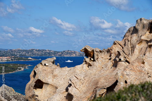 View at Palau with two ships from the Rock of the Bear (Bärenfels) at Capo d'Orso, Palau, Olbia-Tempio, Sardinia Italy