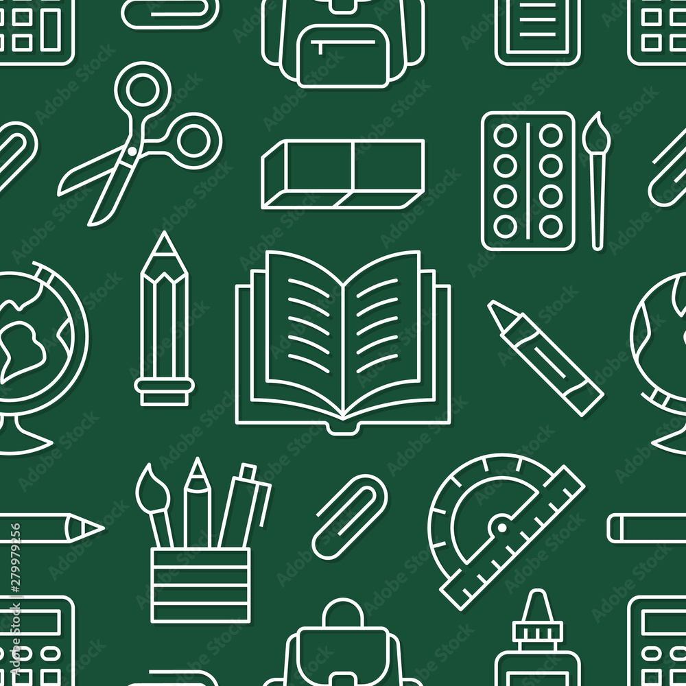 School supplies seamless pattern with line icons. Study tools background -  globe, calculator, book, pencil, scissors, backpack vector illustration.  Green white wallpaper for stationery sale brochure Stock Vector | Adobe  Stock