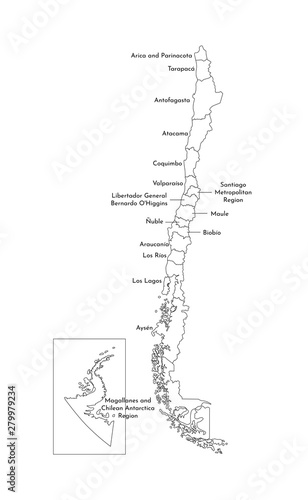 Vector isolated illustration of simplified administrative map of Chile. Borders and names of the regions. Black line silhouettes
