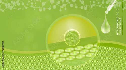 Hyaluronic acid skin solutions ad, green collagen serum drop with cosmetic advertising background ready to use, illustration vector.