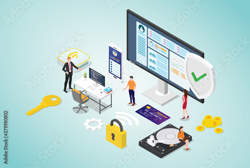 cyber security concept with team people and secure code programmer with modern flat style and isometric design - vector