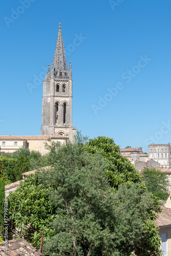 view of French village Saint Emilion dominated by spire of the monolithic church France